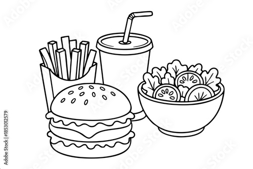 A cartoon drawing of a hamburger, french fries, and a salad. The hamburger is on the left, the fries are in the middle, and the salad is on the right. The drawing has a fun and playful mood