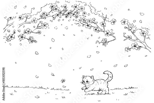 A cat is walking through a field of fallen leaves. The cat is small and he is enjoying the autumn scenery