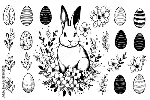 A black and white drawing of a rabbit sitting on a bed of flowers with a bunch of Easter eggs surrounding it