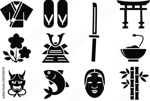 Japanese cultural icons isolated on white background, Vector, illustration