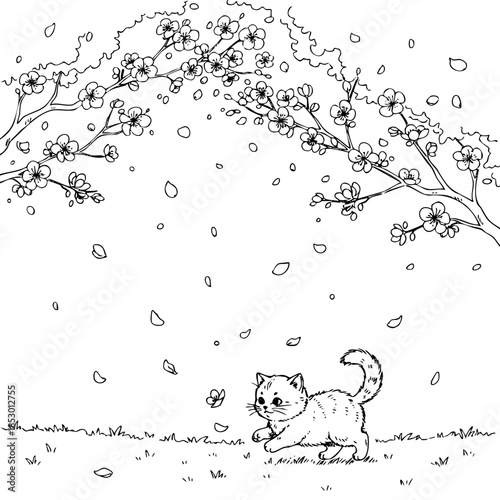 A cat is running through the grass with a butterfly in its mouth. The scene is peaceful and serene, with the cat and butterfly being the main focus