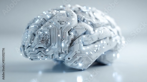 Circuit board brain with glowing elements