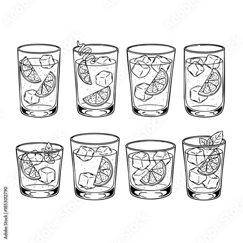 A set of six glasses with ice and fruit in them. The glasses are all different sizes and are filled with different amounts of liquid