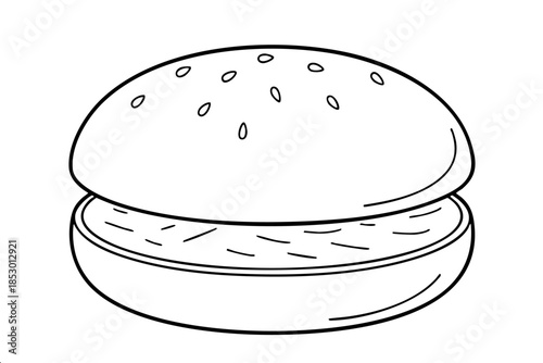 A hamburger with a bun and a few sesame seeds on top. The bun is white and the hamburger patty is red