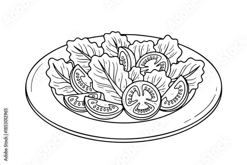 A plate of food with a salad on it. The salad is made up of lettuce, tomatoes, and other vegetables
