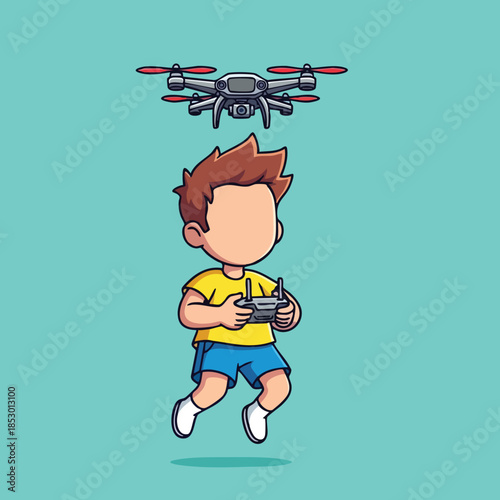 Young boy actively flying a modern quadcopter drone with remote control against a clear sky for recreational illustration
