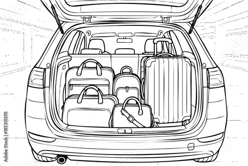 A car trunk is filled with luggage, including a suitcase and a handbag. The luggage is neatly packed and organized, suggesting that the owner is well-prepared for a trip