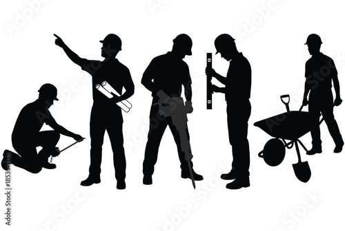 Construction workers engaged in various tasks isolated on white background, Vector, illustration