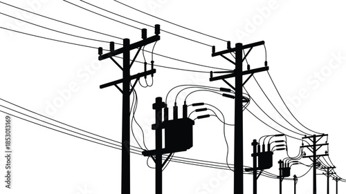 Electric power lines, utility poles with transformers, energy distribution infrastructure, black silhouette of power grid, electrical transmission network, rural power supply