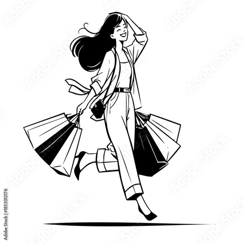 A woman is carrying shopping bags and is jumping in the air. She is smiling and she is happy