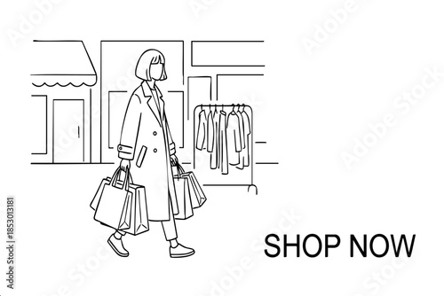 A woman is walking down the street with shopping bags. The image is titled "Shop Now" and is in black and white