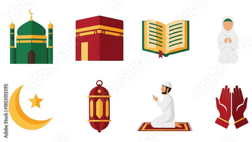 Islamic Ramadan Icons Set. Vector Flat Illustrations of Mosque, Kaaba, Quran, Lantern, Crescent Moon, and Praying Muslims for Eid Mubarak Design.