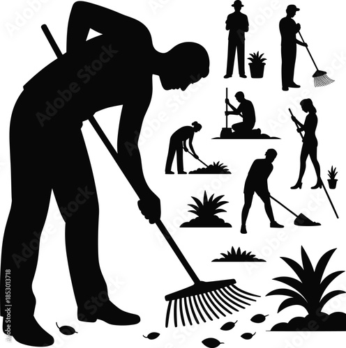 Gardening silhouettes, people raking leaves, outdoor yard work, garden maintenance, planting, weeding, black and white silhouette art, lawn care