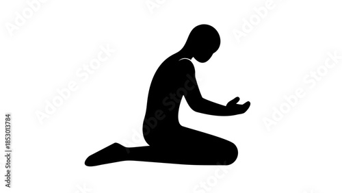 Simple silhouette of a person kneeling in meditation pose, humility, calm mind, and spiritual wellness concept.
