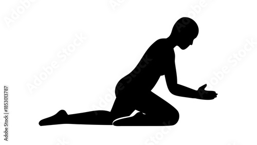Simple silhouette of a person kneeling in meditation pose, humility, calm mind, and spiritual wellness concept.
