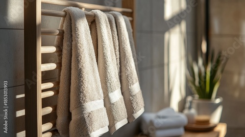 Cozy bathroom scene featuring neatly hung fluffy towels on a wooden rack with natural light illuminating the serene and inviting atmosphere