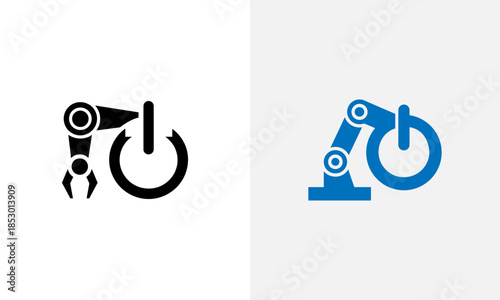 Two Robotic Arms Holding a Circular with Arrows Pointing Inward and Outward in Black and Blue circular arrows