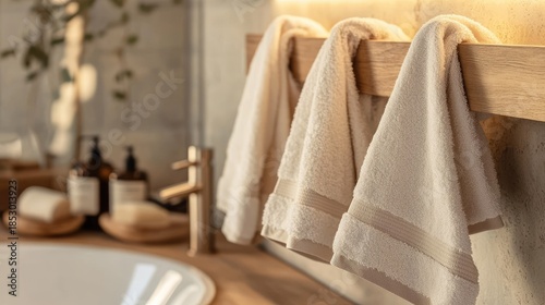 Elegant Bathroom Decor with Soft Towels Hanging on Wooden Rack in a Modern and Tranquil Space with Natural Elements and Warm Lighting