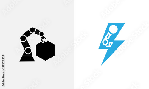 A black robotic arm holding a hexagonal next to a blue lightning bolt with a white inside hexagonal blue