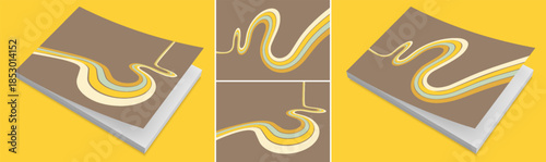 A retro 1970s-style background. Colorful lines. Abstract, dynamic curved ribbons. Softcover book layout. Cover design template. Vector illustration for brochure, planner, notebook or notepad.