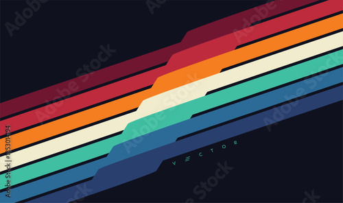 Straight colored lines on a black background. Retro 1970s or 1980s style. Cover design template. Vector illustration for brochure, poster, card, presentation, flyer or banner.