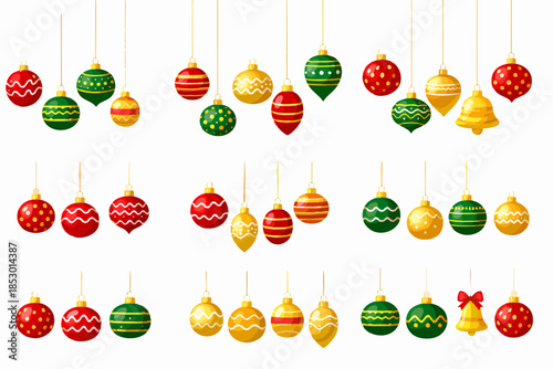 Bright Christmas hanging baubles illustration with festive patterns and vibrant colors.