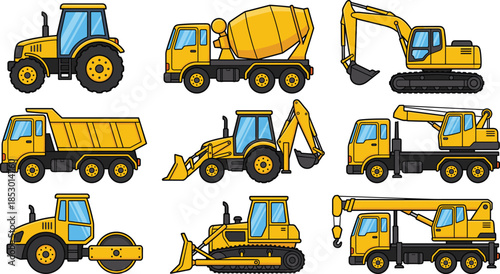 Cartoon construction vehicles set with excavator bulldozer crane dump truck cement mixer tractor heavy machinery illustration