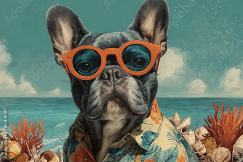 French Bulldog at the Beach: A fashionable French Bulldog, sporting stylish sunglasses and a vibrant shirt, relaxes on a sandy beach. A unique fusion of leisure and canine charm.