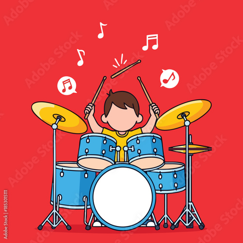 A cheerful child energetically plays a blue drum set with musical notes floating above creating a vibrant scene of joyous musical expression