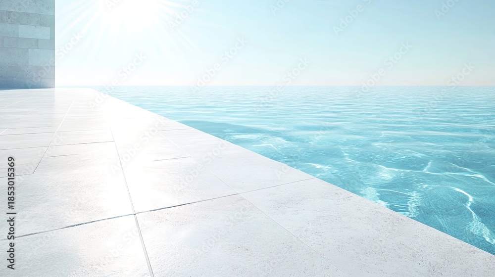 Fototapeta premium Serene Infinity Pool with Calm Water Reflecting Bright Sunlight in Coastal Environment Under a Clear Blue Sky at Dawn