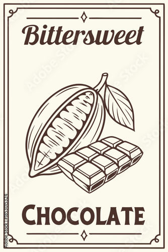 Bittersweet chocolate illustration with cacao bean and bar