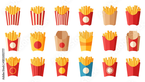 Collection of Fried Potato Sticks in Paper Containers for Fast Food and Snacks