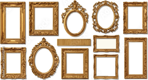 Collection of Ornate Antique Gold Picture Frames Isolated on White Background