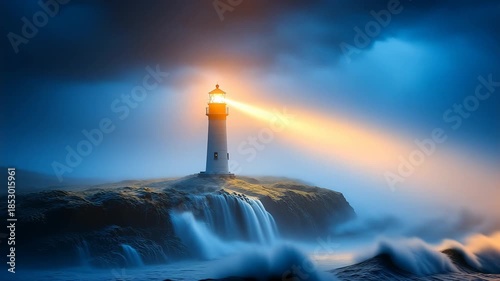 A lighthouse shines its light through a dramatic storm at sea. A symbol of hope, guidance, and resilience. Ideal for business, financial services, and motivational videos.