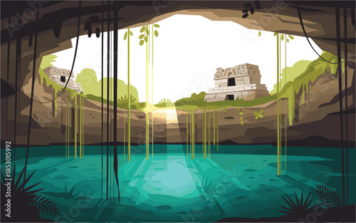 Ancient Mayan ruins in a lush jungle cenote with crystal clear turquoise water