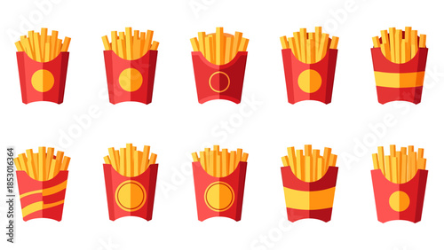 Collection of Fast Food Potato Fries in Red Containers
