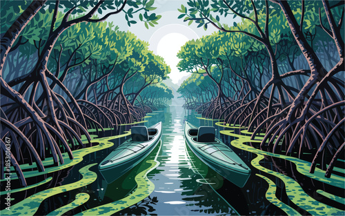 Boats navigating through serene mangrove forest waterway