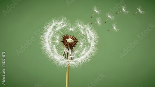 Heart Shaped Dandelion Clock Vector with Floating Seeds Representing Wishes and Love on a Spring Green Background