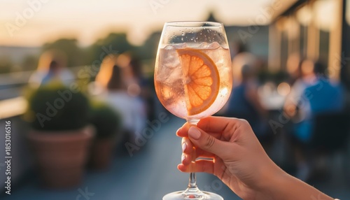 A close-up image shows a hand holding a stemmed glass with a refreshing beverage garnished with an orange slice, outdoor setting with blurred background and warm lighting