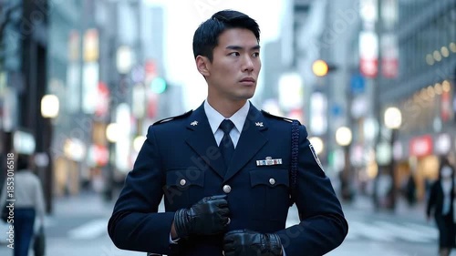 Male Police Officer Stands In Large City