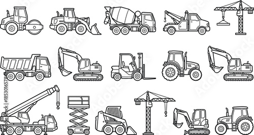 Construction machinery outline icon set with excavator forklift crane dump truck tractor concrete mixer vector illustration isolated