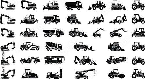 Construction machinery silhouette icon mega set with excavators bulldozers loaders trucks cranes heavy equipment vehicles isolated industrial collection