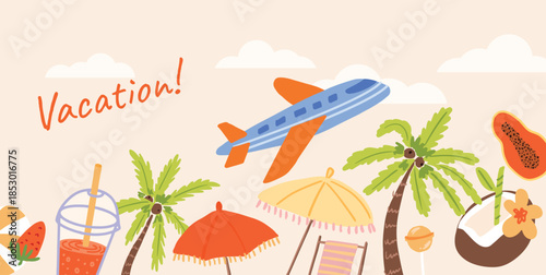 Tropical vacation banner with airplane, palm trees, umbrellas, juice, fruits, and beach accessories. Bright cartoon illustration for summer holidays, travel ads, and seasonal promos.