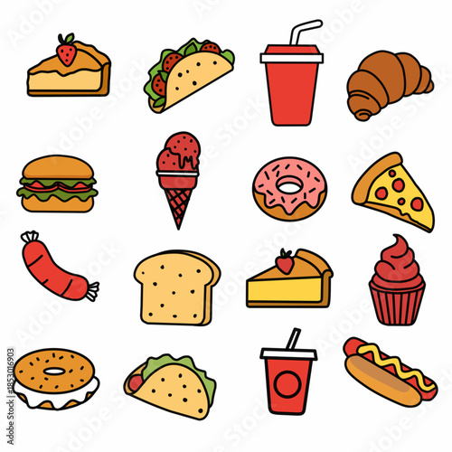 Fast food flat icon set
