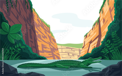 Crocodile resting in serene natural canyon oasis