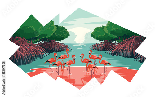 Vibrant pink flamingos gather in serene mangrove wetland at sunset