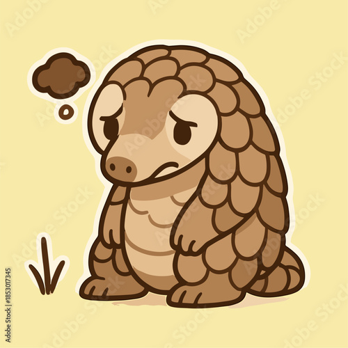 Cartoon pangolin mascot sad and thoughtful