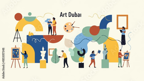 Modern flat design illustration of artists painting and sculpting in an art gallery, "Art Dubai"