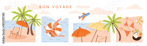 Vector illustration with tropical beach, palm trees, bikini, coconut, deckchair, airplane, umbrella, sea and travel elements. Holiday, vacation and summer banner for promotion.
