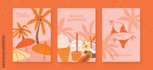 Three tropical posters with palm trees, sun umbrellas, polka dot bikini, ice cream, juice and exotic fruit. Bright coral and orange color palette. Vector illustrations for seasonal promotion and ads.